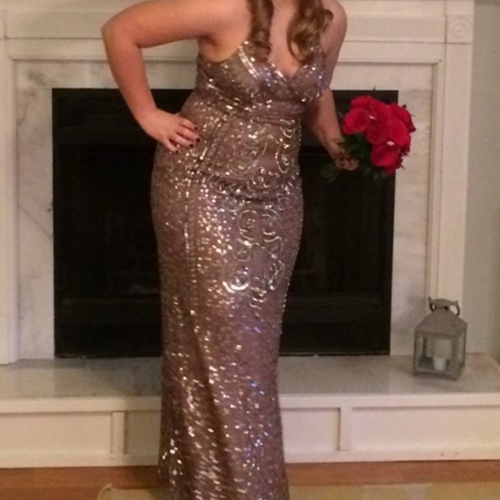 Beige Beaded & Sequin Formal/Prom Dress